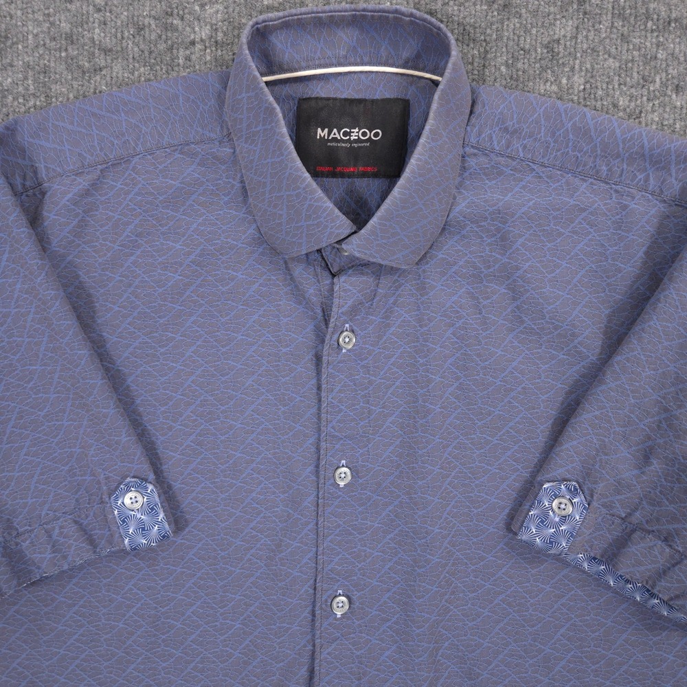 Maceoo Galileo Shirt Mens Large Synapse Grey Blue Italian Jacquard Short Sleeve